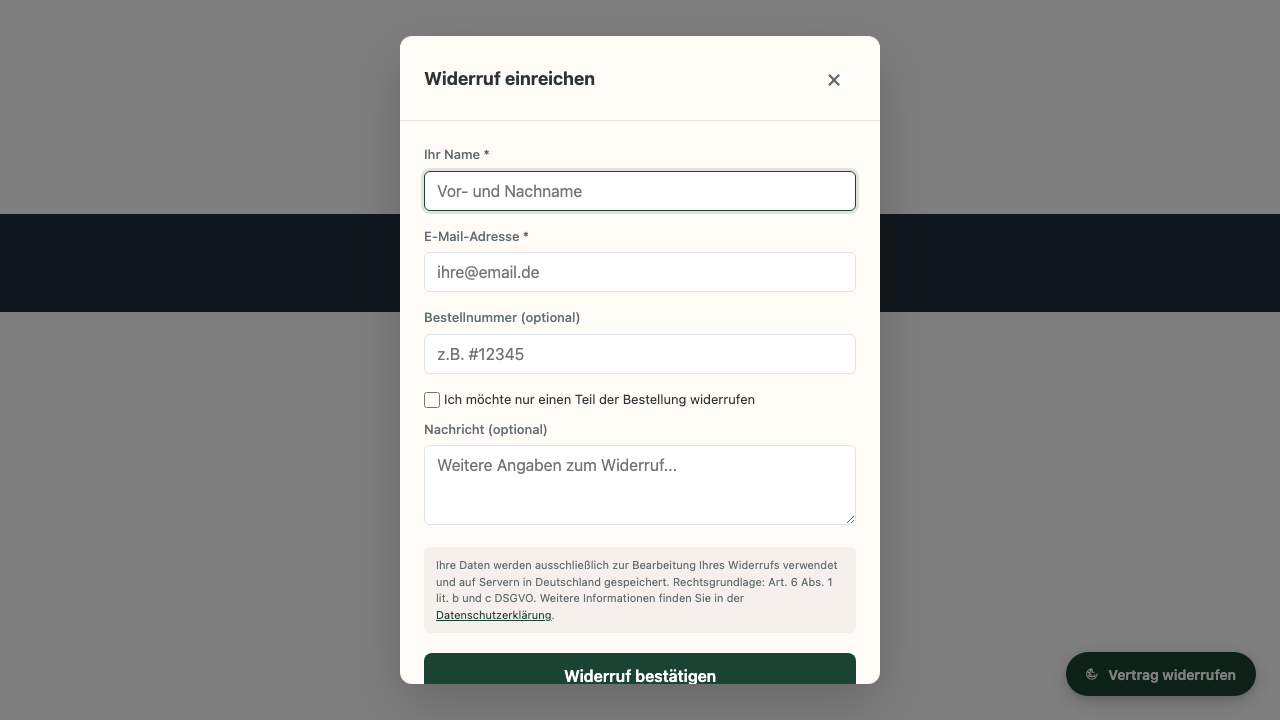Widerrufs-Formular, das sich beim Klick auf den Button öffnet